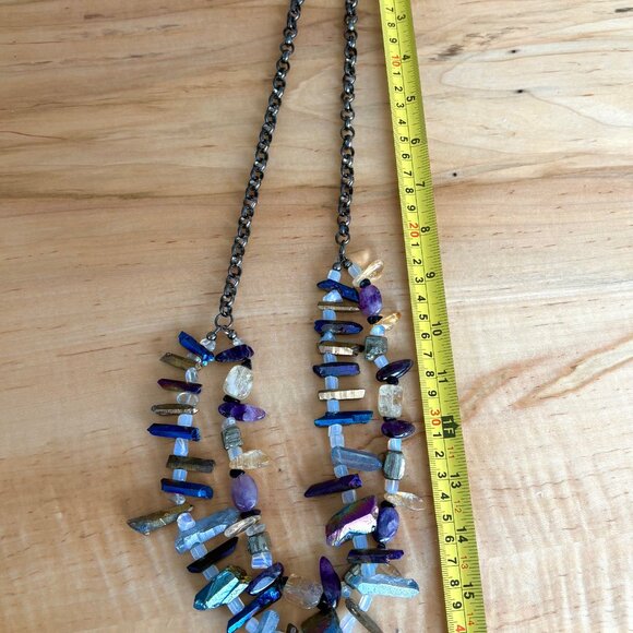 Chunky Aura Quartz Amethyst Pyrite Gemstone Statement Necklace - Picture 4 of 6